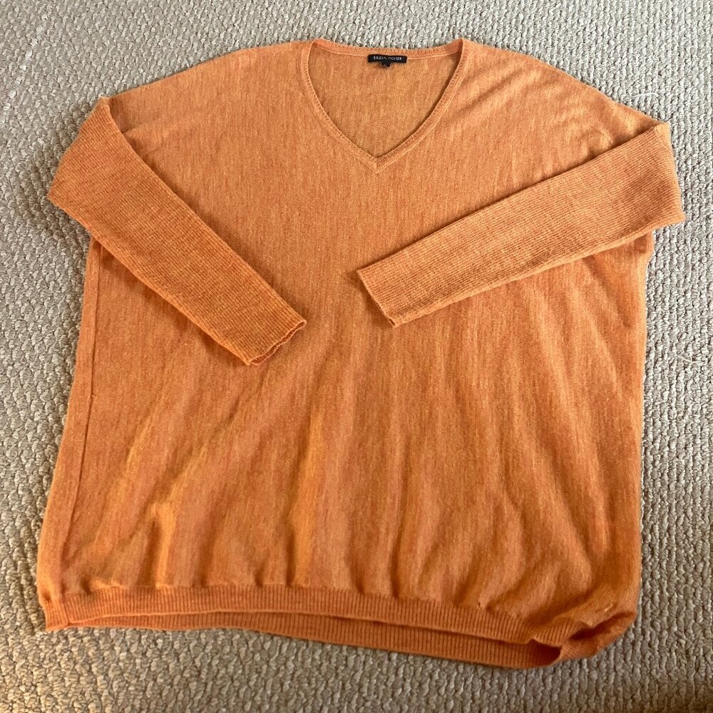 Eileen Fisher Thin Knit 100% Alpaca Orange V Neck Sweater Oversized Medium